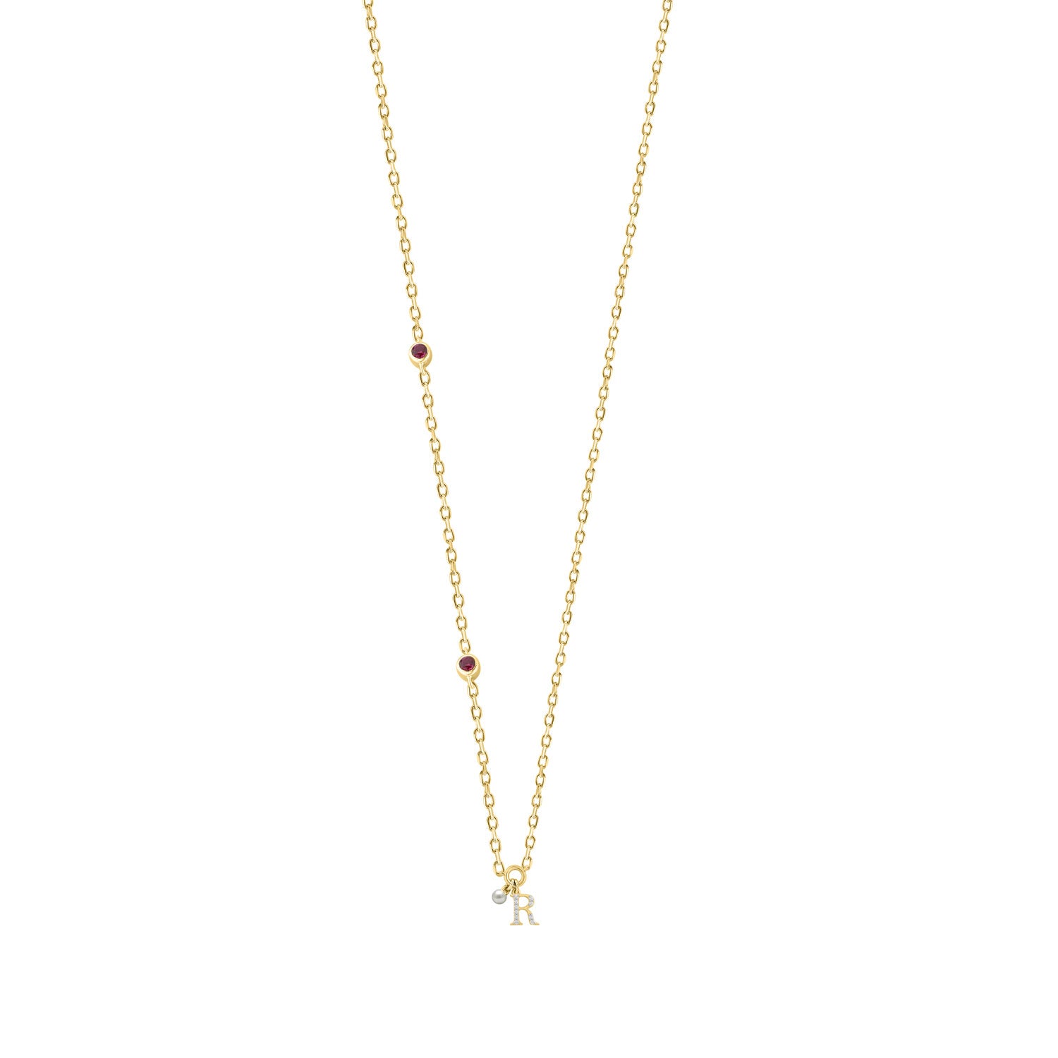 Stylish 10K Yellow Gold Ladies “R” Letter Necklace Featuring Round Ruby Diamonds And Pearl Accents. A Delicate And Personalized Fine Jewelry