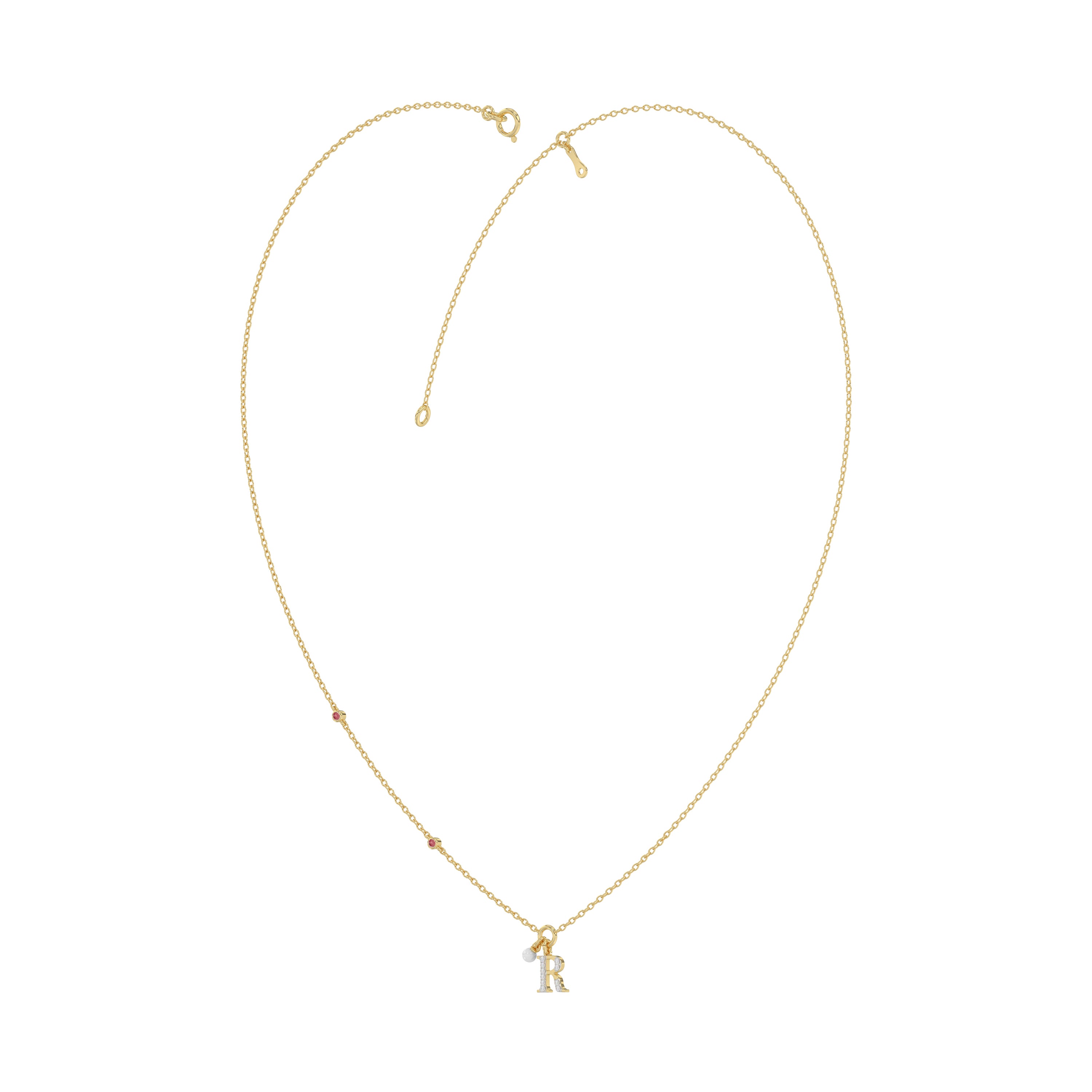 Stylish 10K Yellow Gold Ladies “R” Letter Necklace Featuring Round Ruby Diamonds And Pearl Accents. A Delicate And Personalized Fine Jewelry