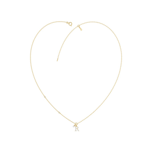 Stylish 10K Yellow Gold Ladies “R” Letter Necklace Featuring Round Ruby Diamonds And Pearl Accents. A Delicate And Personalized Fine Jewelry