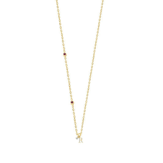 Stylish 10K Yellow Gold Ladies “R” Letter Necklace Featuring Round Ruby Diamonds And Pearl Accents. A Delicate And Personalized Fine Jewelry