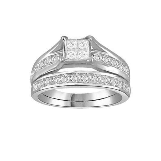 LADIES BRIDAL RING SET 1.00CT ROUND/PRINCESS/INV DIAMOND 14K WHITE GOLD