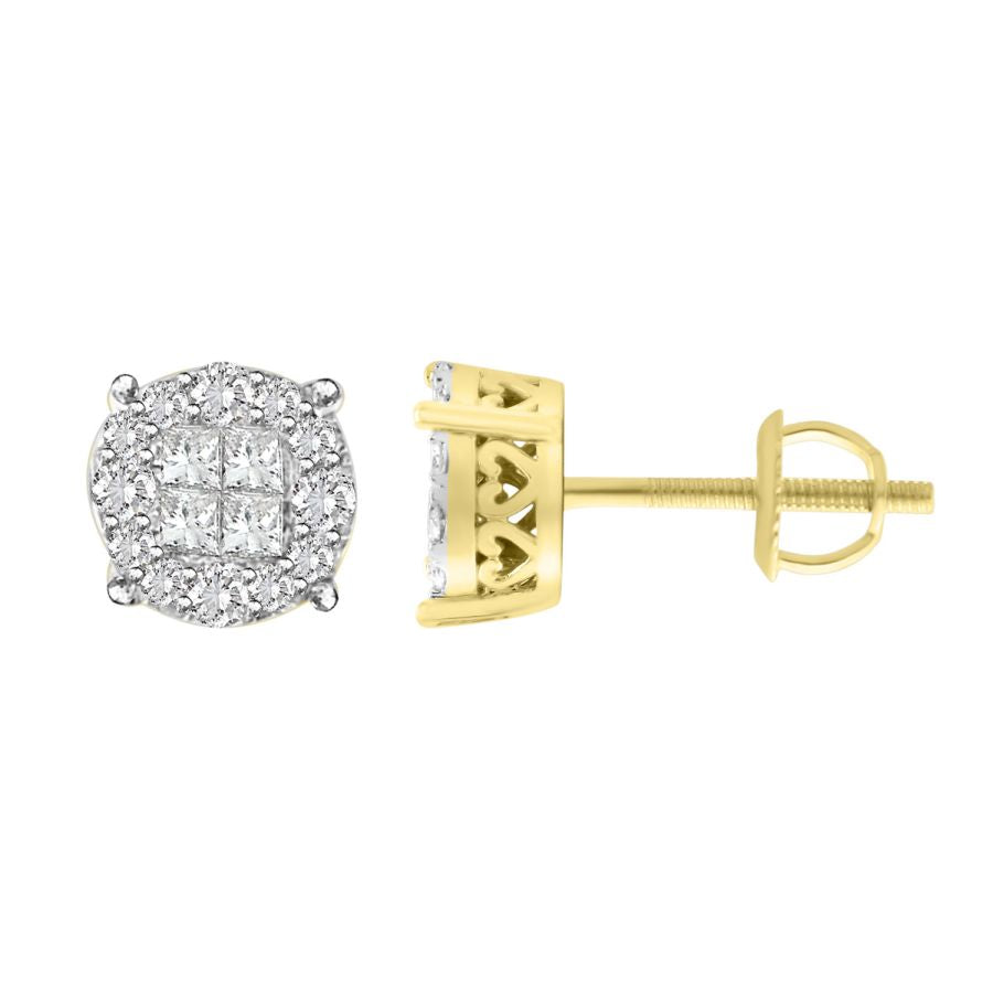 LADIES STUD EARRINGS 1.50CT ROUND/PRINCESS DIAMOND 14K YELLOW GOLD