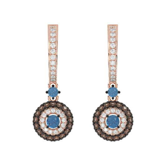 Beautiful 14K Rose Gold Ladies Hoop Earrings Featuring Multi-Color Diamonds In Blue And Dark Brown Shades.1.00 Ct Elegant Jewelry Design.
