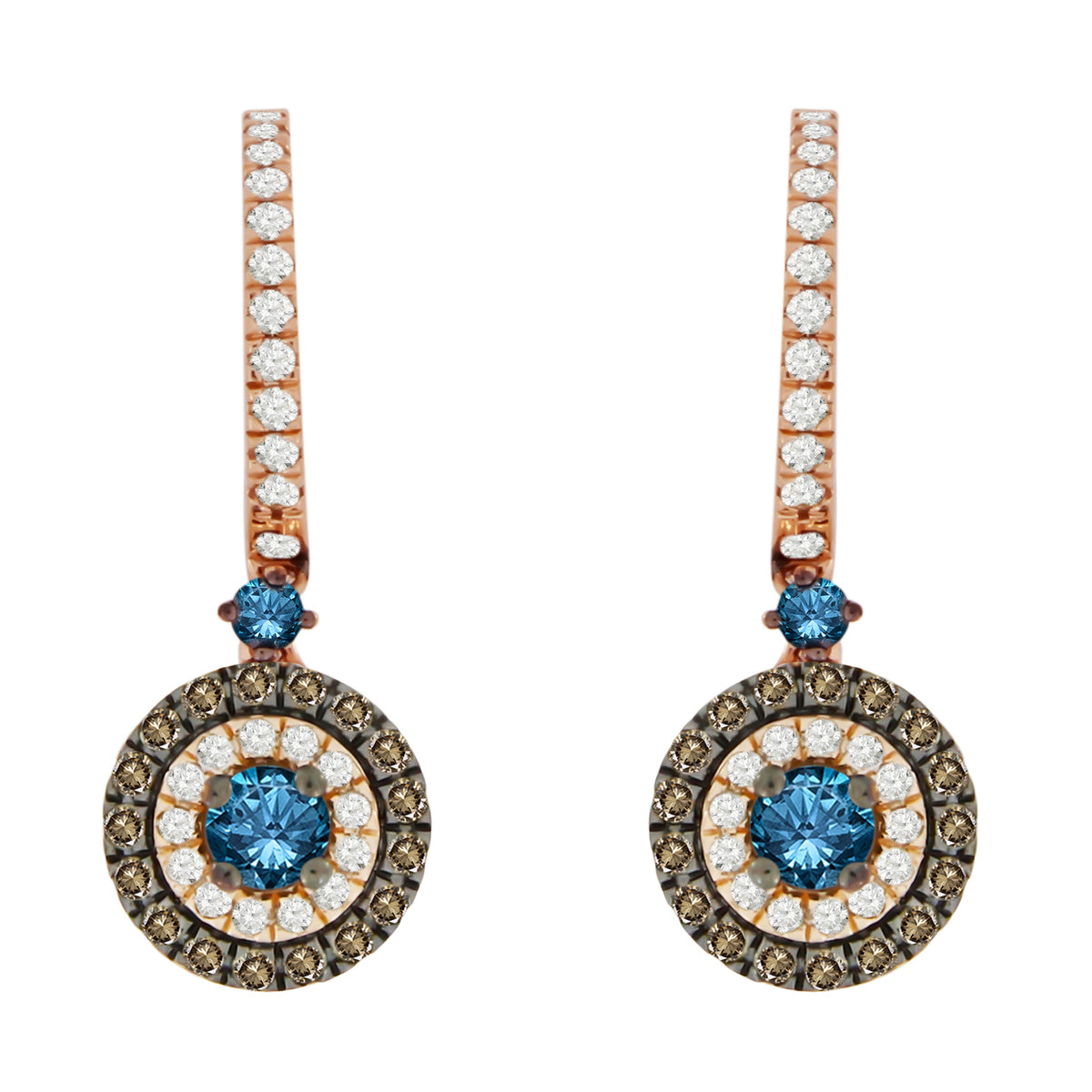 LADIES EARRINGS 1.00CT BLUE SAPPHIRE ROUND/DARK BROWN DIAMOND 14K ROSE GOLD