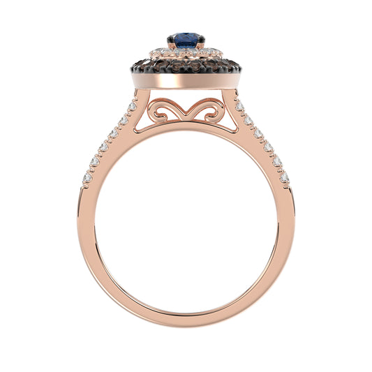 Elegant 14K Rose Gold Fashion Ring Featuring 0.55 Ct Round Diamonds In Blue And Dark Brown Tones. A Bold And Modern Fine Jewelry Piece For Women.