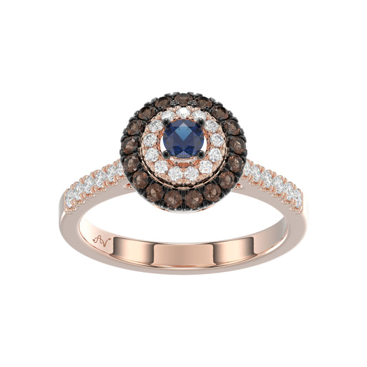 Elegant 14K Rose Gold Fashion Ring Featuring 0.55 Ct Round Diamonds In Blue And Dark Brown Tones. A Bold And Modern Fine Jewelry Piece For Women.