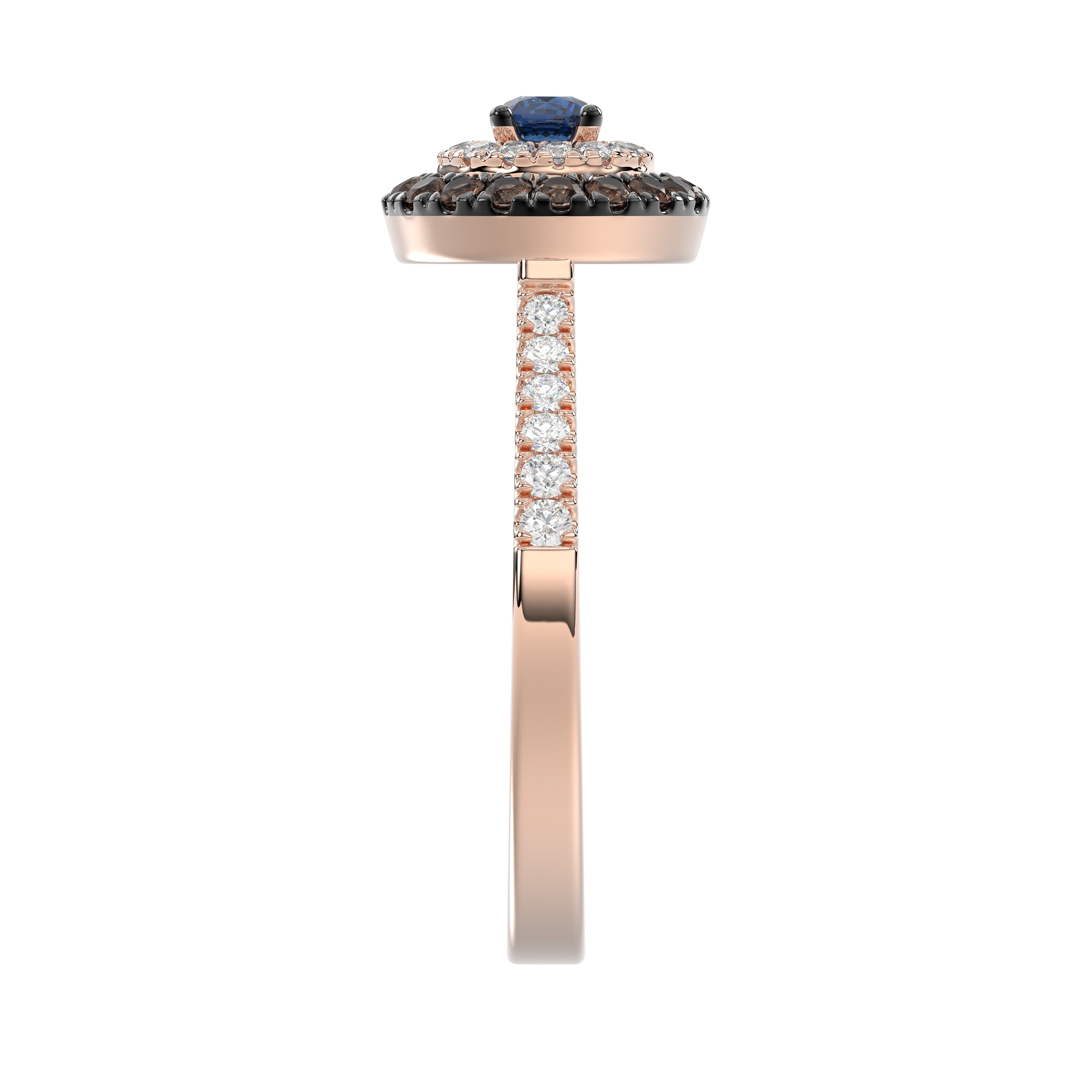Elegant 14K Rose Gold Fashion Ring Featuring 0.55 Ct Round Diamonds In Blue And Dark Brown Tones. A Bold And Modern Fine Jewelry Piece For Women.