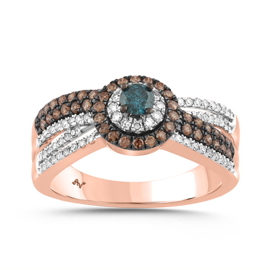 LADIES RING 0.75CT ROUND/BLUE SAPPHIRE/DARK BROWN DIAMOND 14K ROSE GOLD