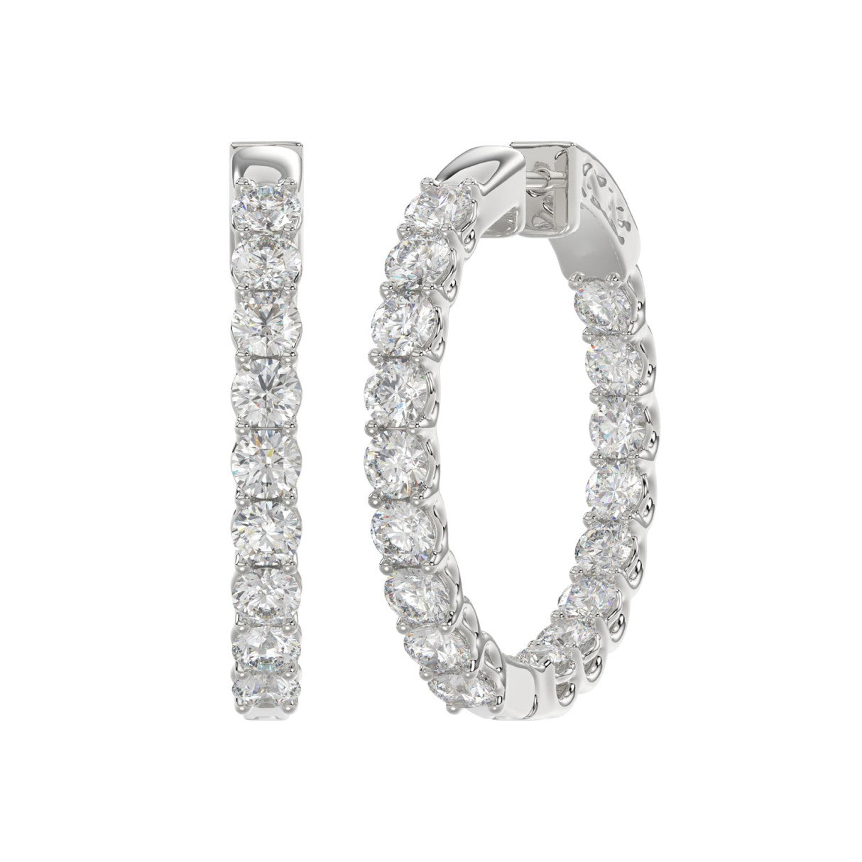 LADIES HOOP EARRINGS 5CT ROUND DIAMOND 14K WHITE GOLD