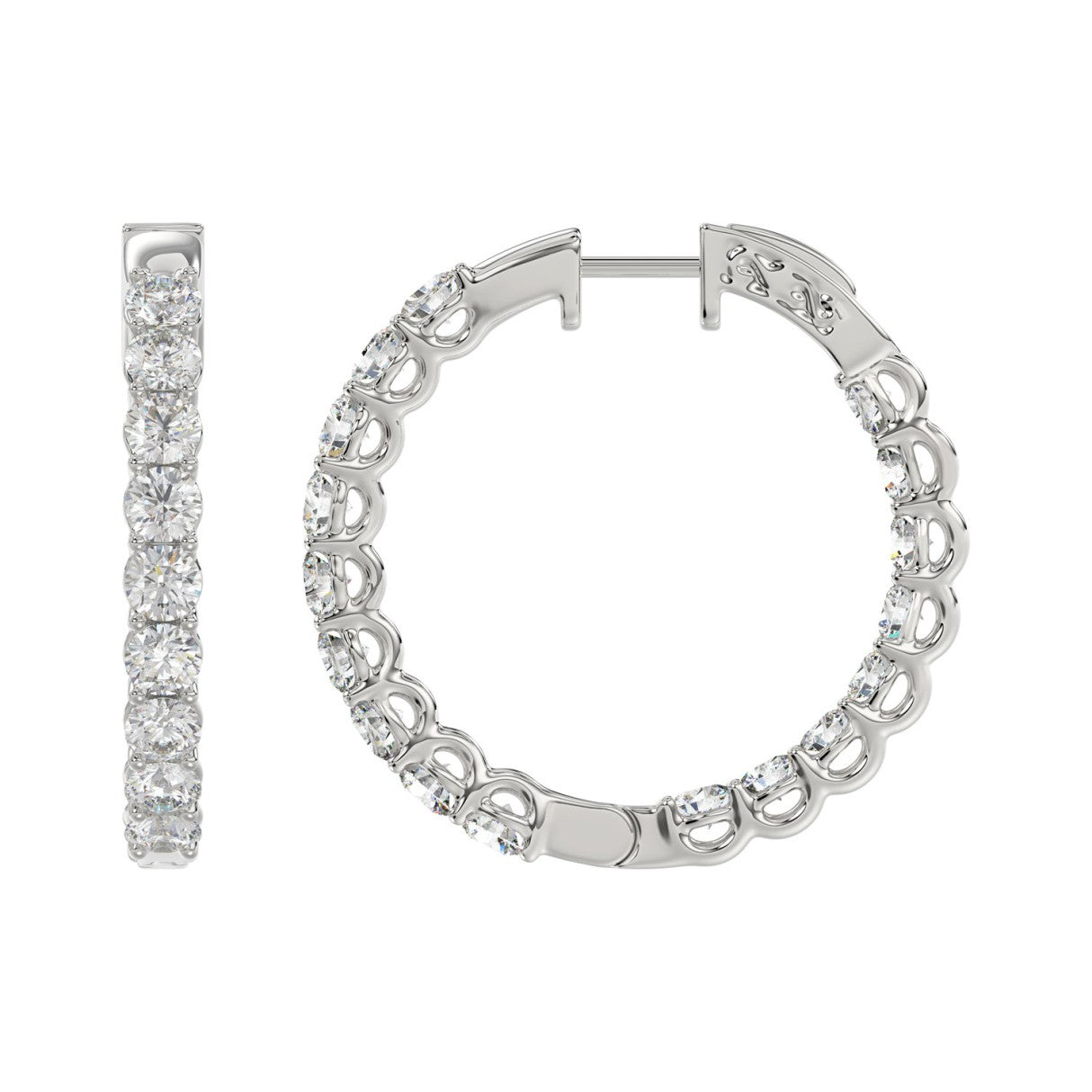 LADIES HOOP EARRINGS 5CT ROUND DIAMOND 14K WHITE GOLD