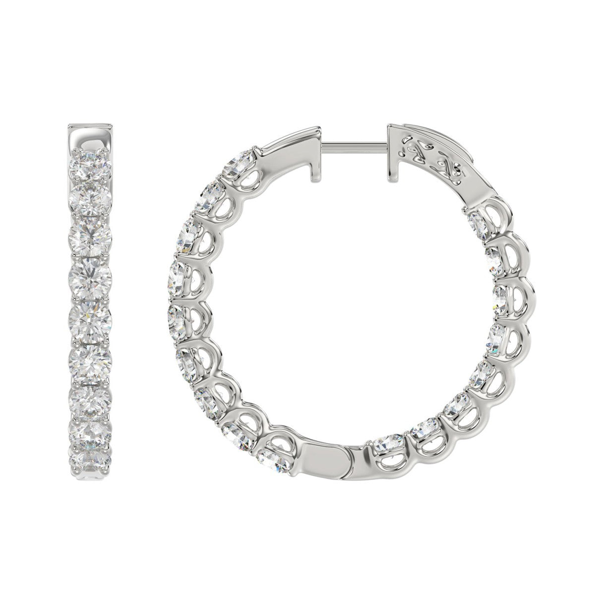 LADIES HOOP EARRINGS 5CT ROUND DIAMOND 14K WHITE GOLD