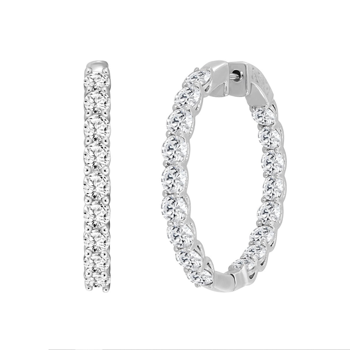 LADIES HOOP EARRINGS 7CT ROUND DIAMOND 14K WHITE GOLD