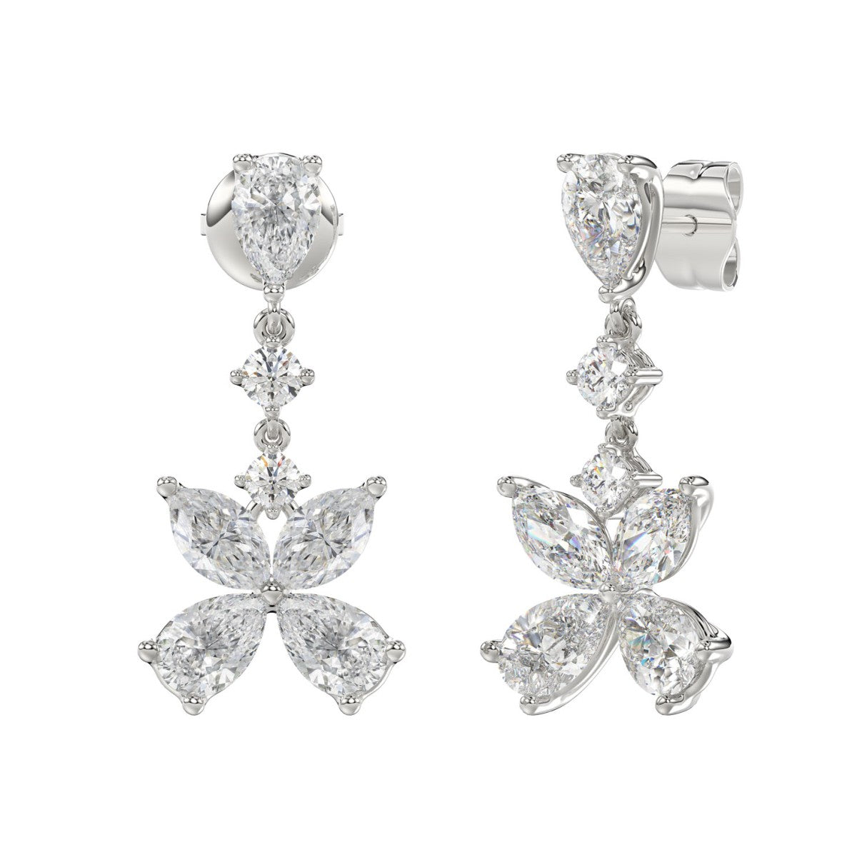 LADIES EARRINGS 3CT ROUND/MARQUISE/PEAR DIAMOND 14K WHITE GOLD