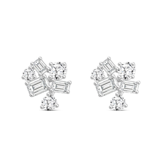 LADIES STUD EARRINGS 3 1/2CT EMERALD/ROUND DIAMOND 14K WHITE GOLD