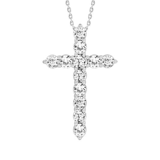 LADIES CROSS PENDANT WITH CHAIN 1CT ROUND DIAMOND 14K WHITE GOLD