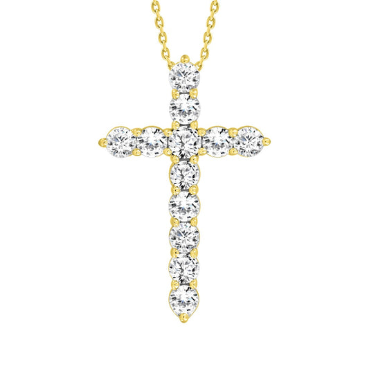 LADIES CROSS PENDANT WITH CHAIN 1CT ROUND DIAMOND 14K YELLOW GOLD