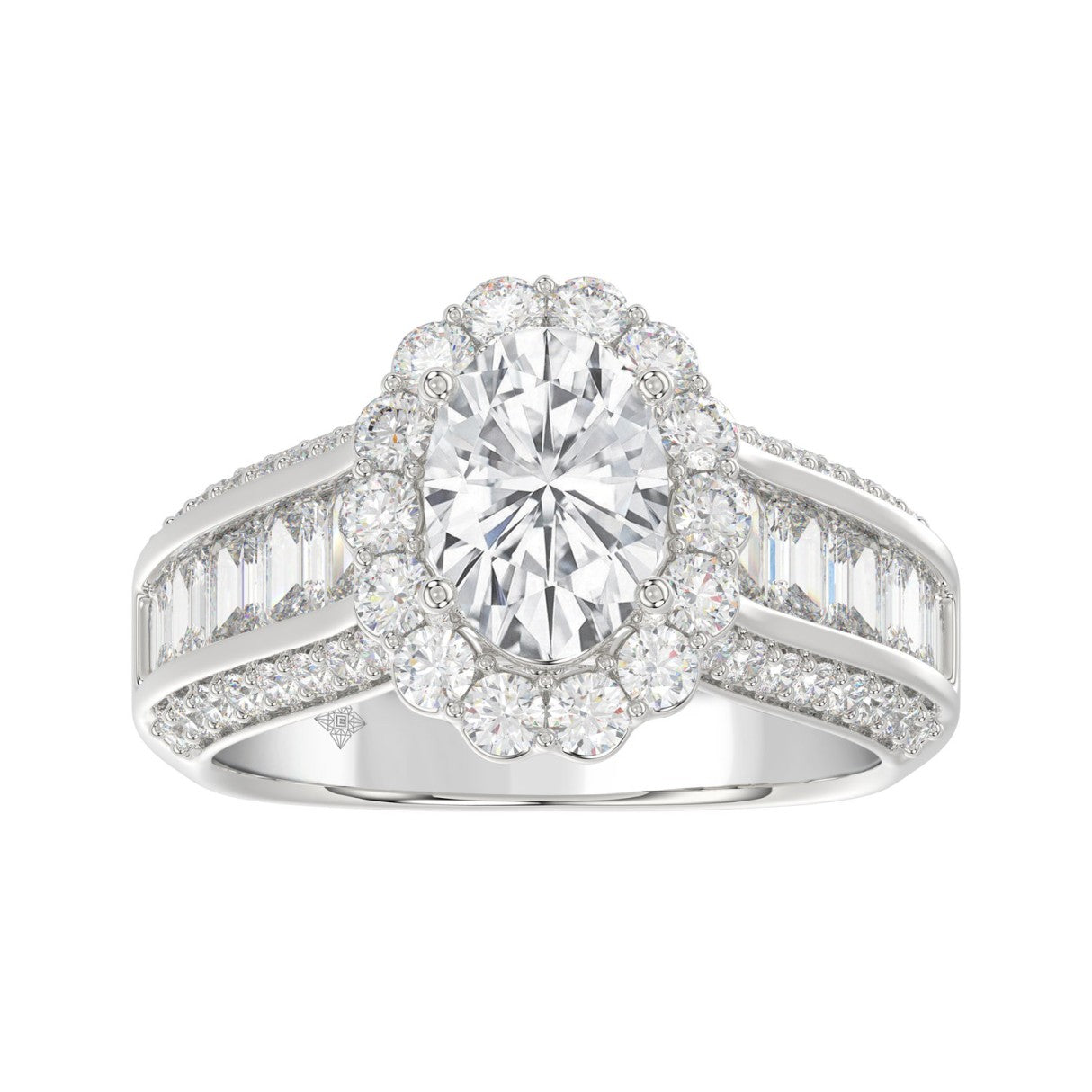 LADIES RING 3 3/4CT ROUND/OVAL/EMERALD DIAMOND 14K WHITE GOLD (CENTER STONE OVAL DIAMOND 1 1/2CT )