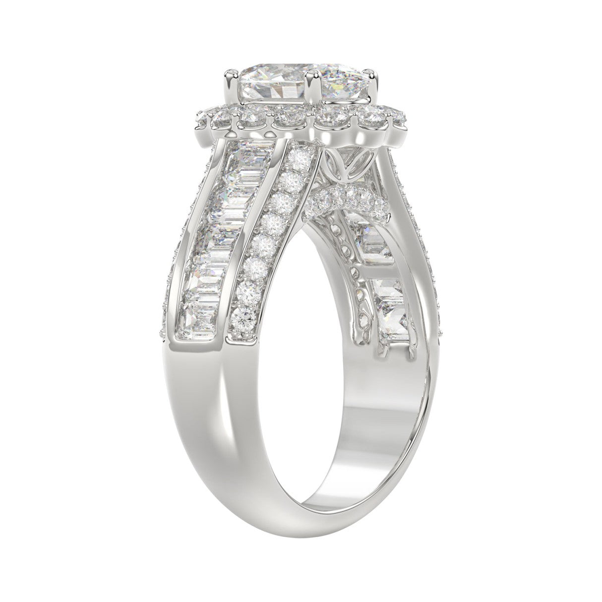 LADIES RING 3 3/4CT ROUND/OVAL/EMERALD DIAMOND 14K WHITE GOLD (CENTER STONE OVAL DIAMOND 1 1/2CT )
