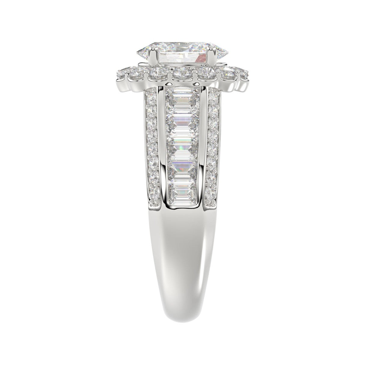 LADIES RING 3 3/4CT ROUND/OVAL/EMERALD DIAMOND 14K WHITE GOLD (CENTER STONE OVAL DIAMOND 1 1/2CT )