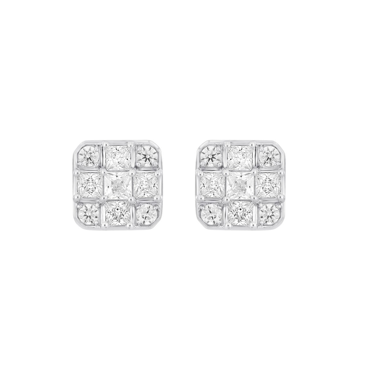 LADIES EARRINGS 1CT ROUND/PRINCESS DIAMOND 14K WHITE GOLD