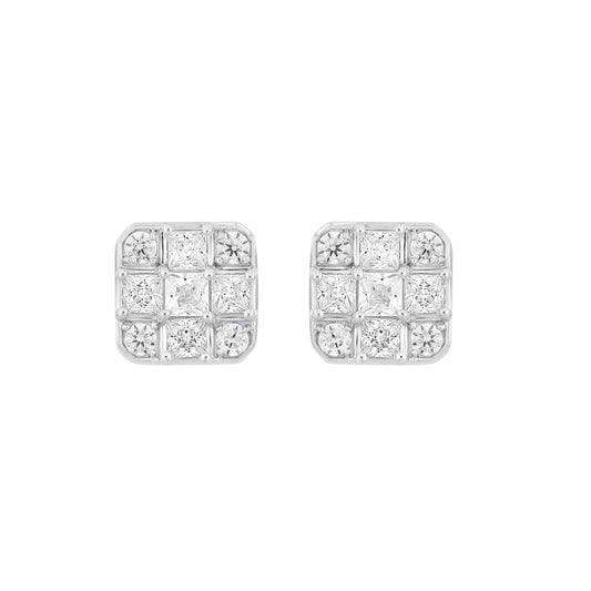 LADIES EARRINGS 1CT ROUND/PRINCESS DIAMOND 14K WHITE GOLD