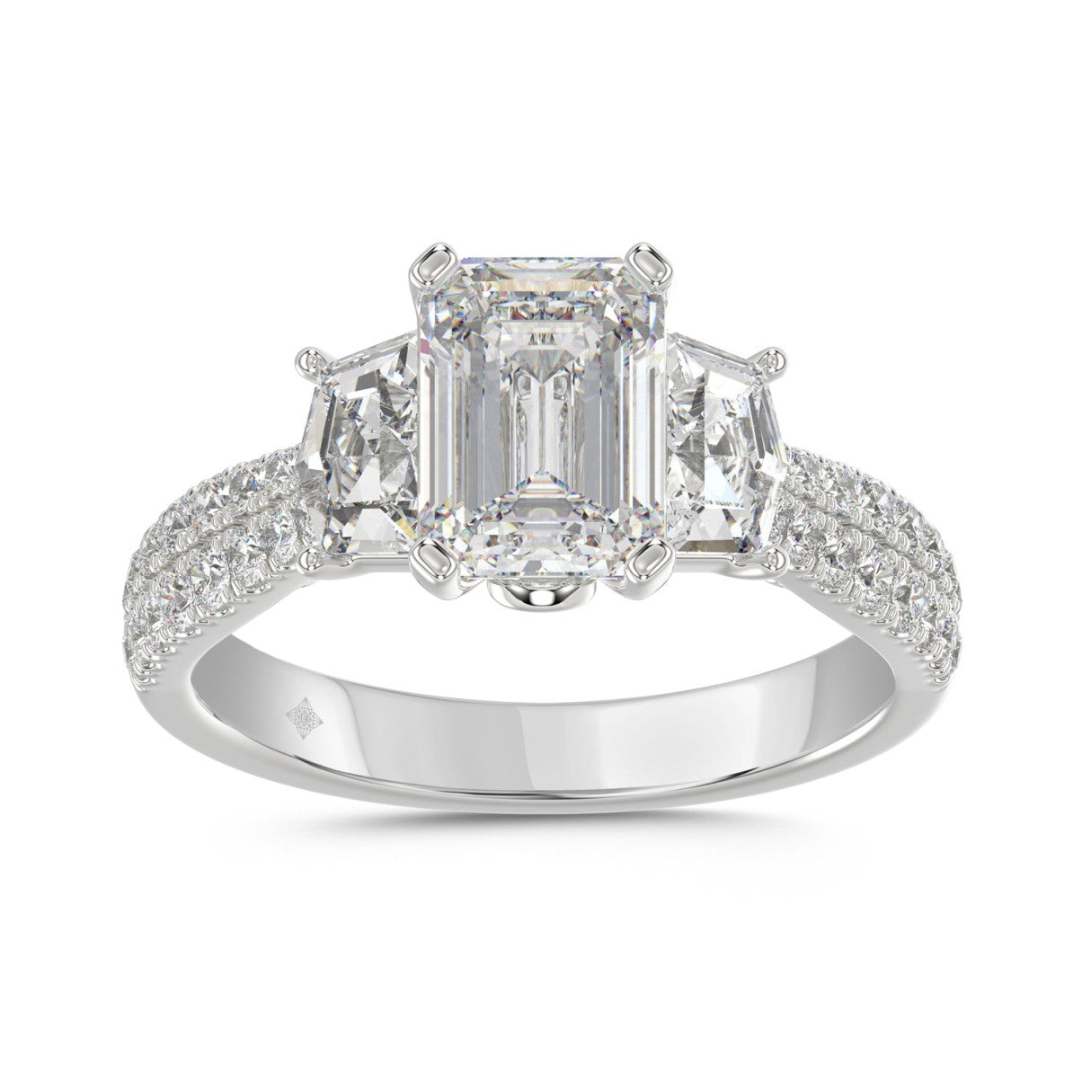 LADIES Engagement Ring 3CT ROUND/EMERALD/CADILLAC DIAMOND 14K WHITE GOLD (CENTER STONE EMERALD DIAMOND 2CT )