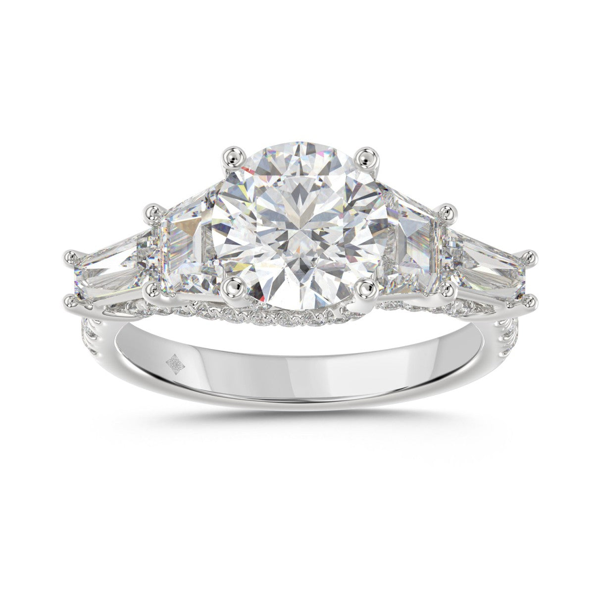 LADIES RING 3 3/4CT ROUND/TRAPEZOID/tapered baguette DIAMOND 14K WHITE GOLD (CENTER STONE ROUND DIAMOND 2CT )