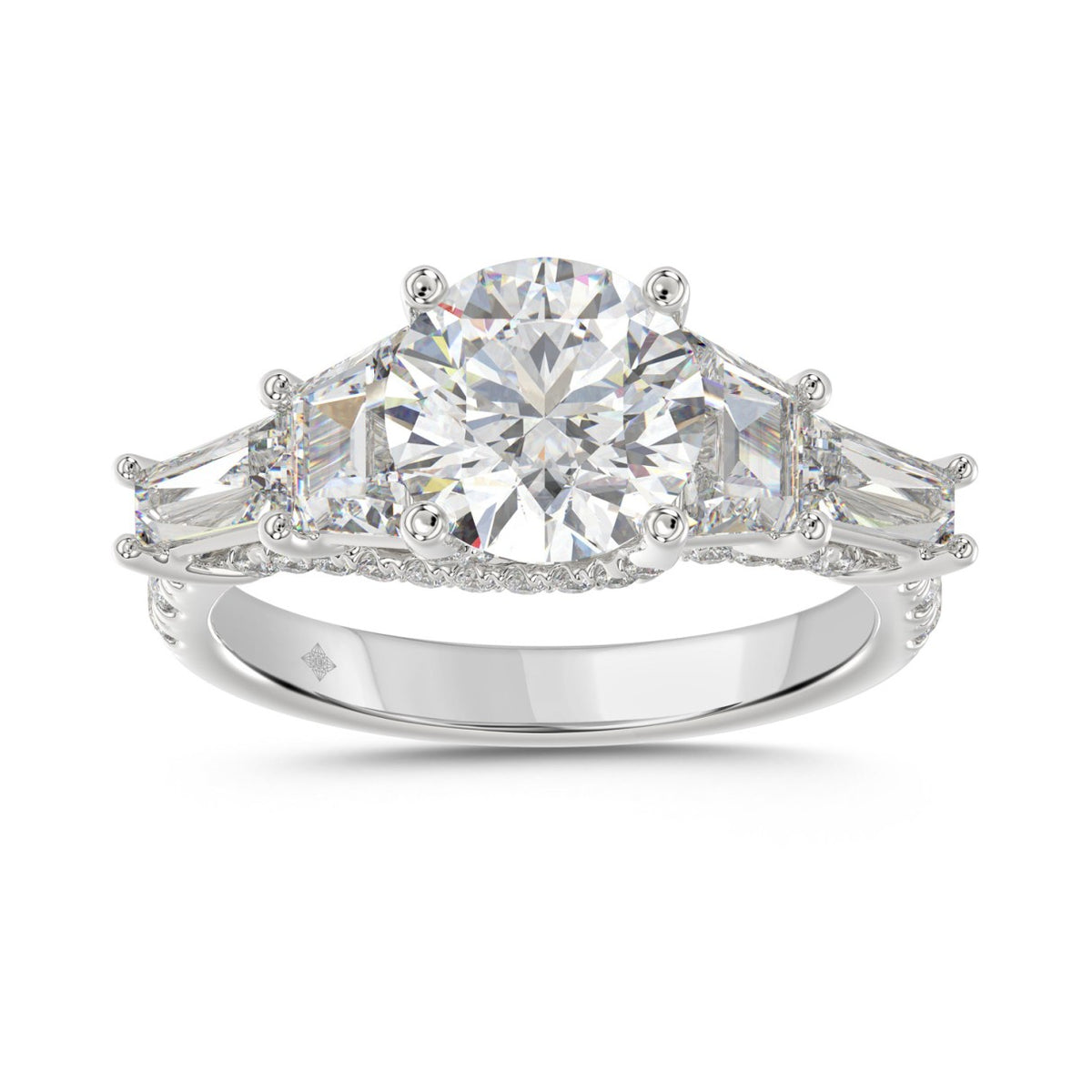LADIES RING 3 3/4CT ROUND/TRAPEZOID/tapered baguette DIAMOND 14K WHITE GOLD (CENTER STONE ROUND DIAMOND 2CT )