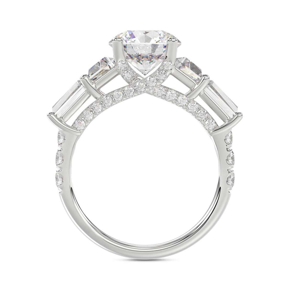 LADIES RING 3 3/4CT ROUND/TRAPEZOID/tapered baguette DIAMOND 14K WHITE GOLD (CENTER STONE ROUND DIAMOND 2CT )