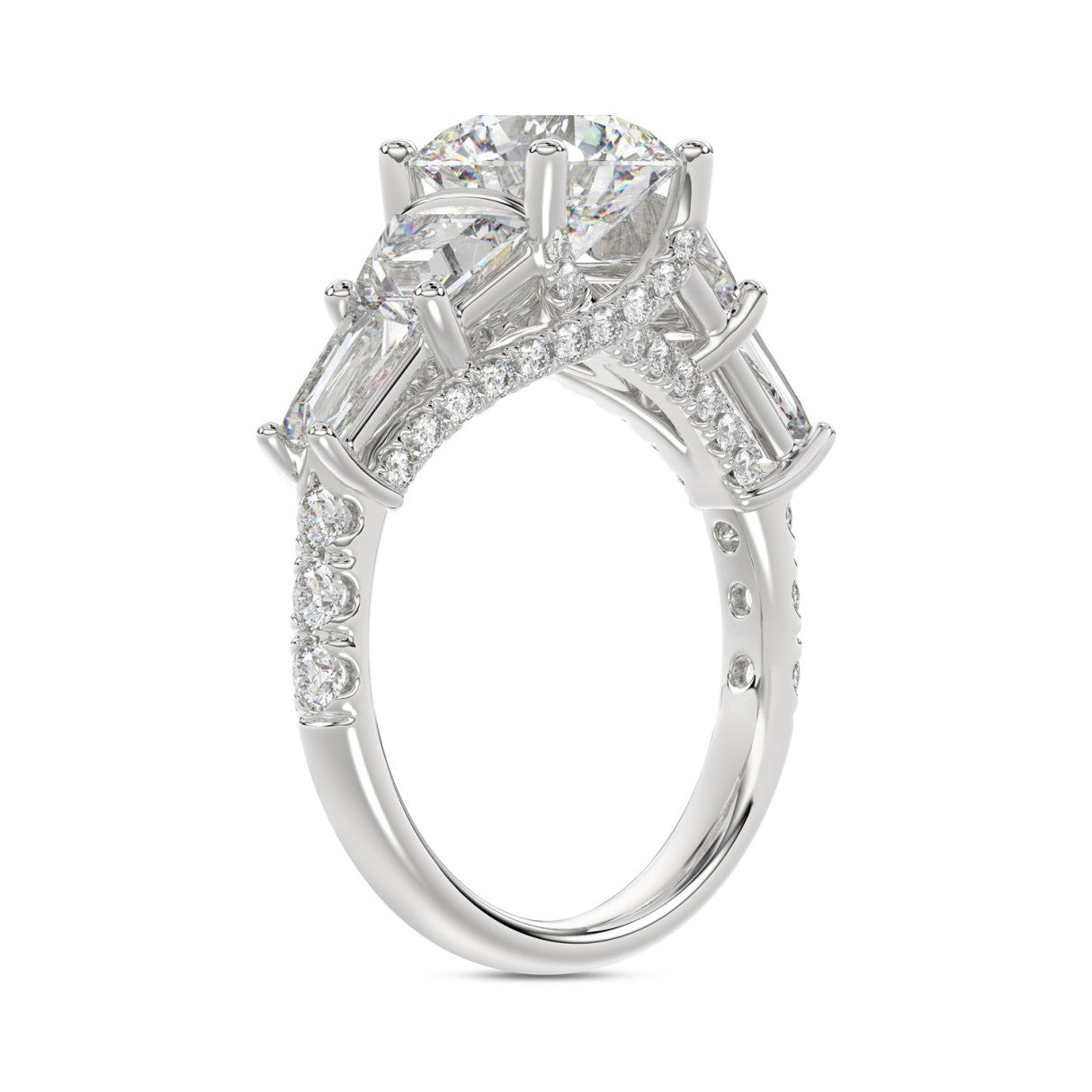 LADIES RING 3 3/4CT ROUND/TRAPEZOID/tapered baguette DIAMOND 14K WHITE GOLD (CENTER STONE ROUND DIAMOND 2CT )