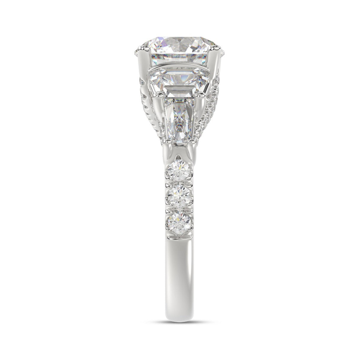 LADIES RING 3 3/4CT ROUND/TRAPEZOID/tapered baguette DIAMOND 14K WHITE GOLD (CENTER STONE ROUND DIAMOND 2CT )