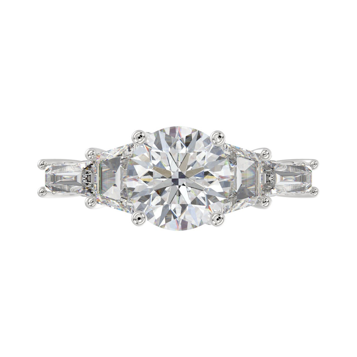 LADIES RING 3 3/4CT ROUND/TRAPEZOID/tapered baguette DIAMOND 14K WHITE GOLD (CENTER STONE ROUND DIAMOND 2CT )