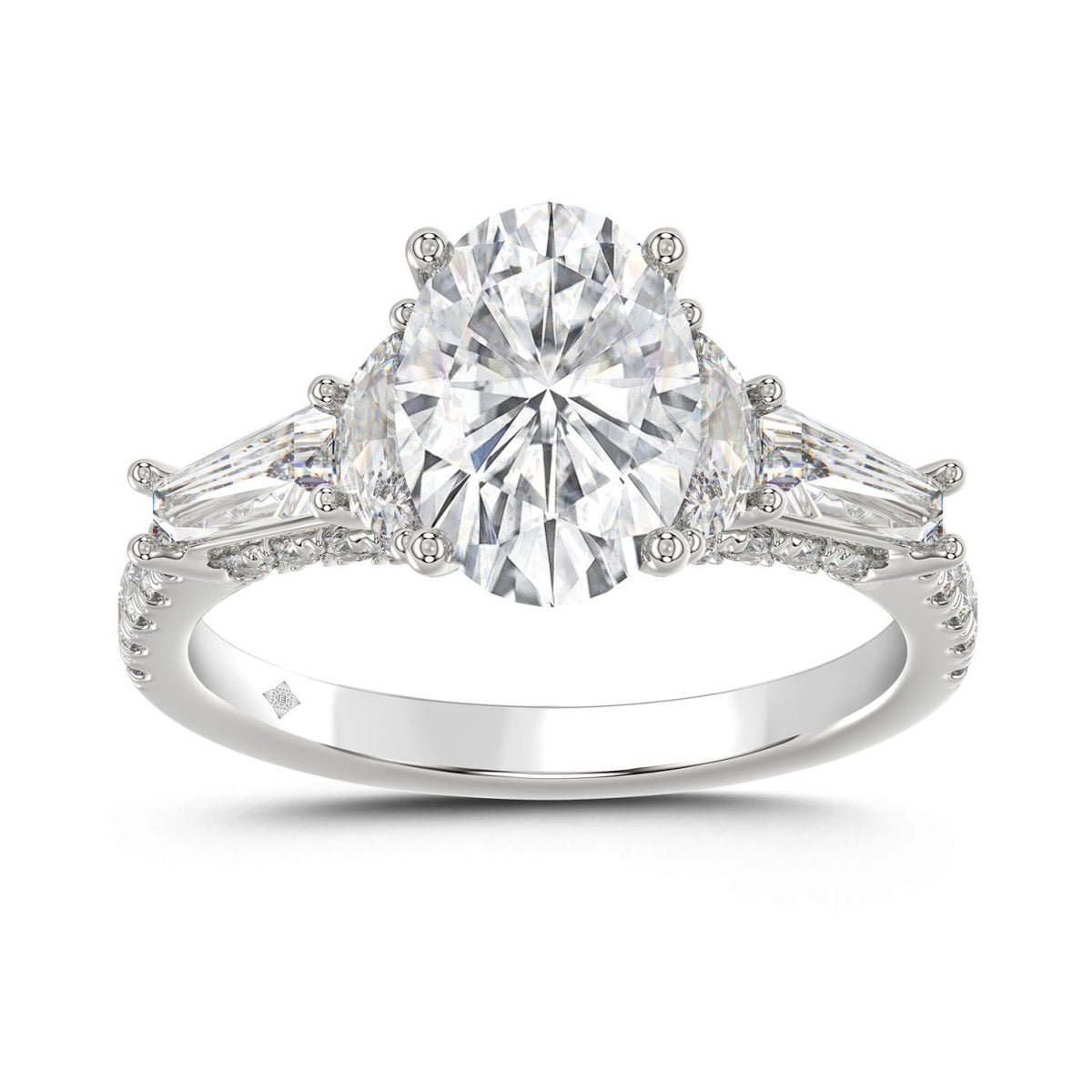 LADIES RING 3 1/2CT ROUND/HALF MOON/OVAL/BAGUETTE DIAMOND 14K WHITE GOLD (CENTER STONE OVAL DIAMOND 2CT )