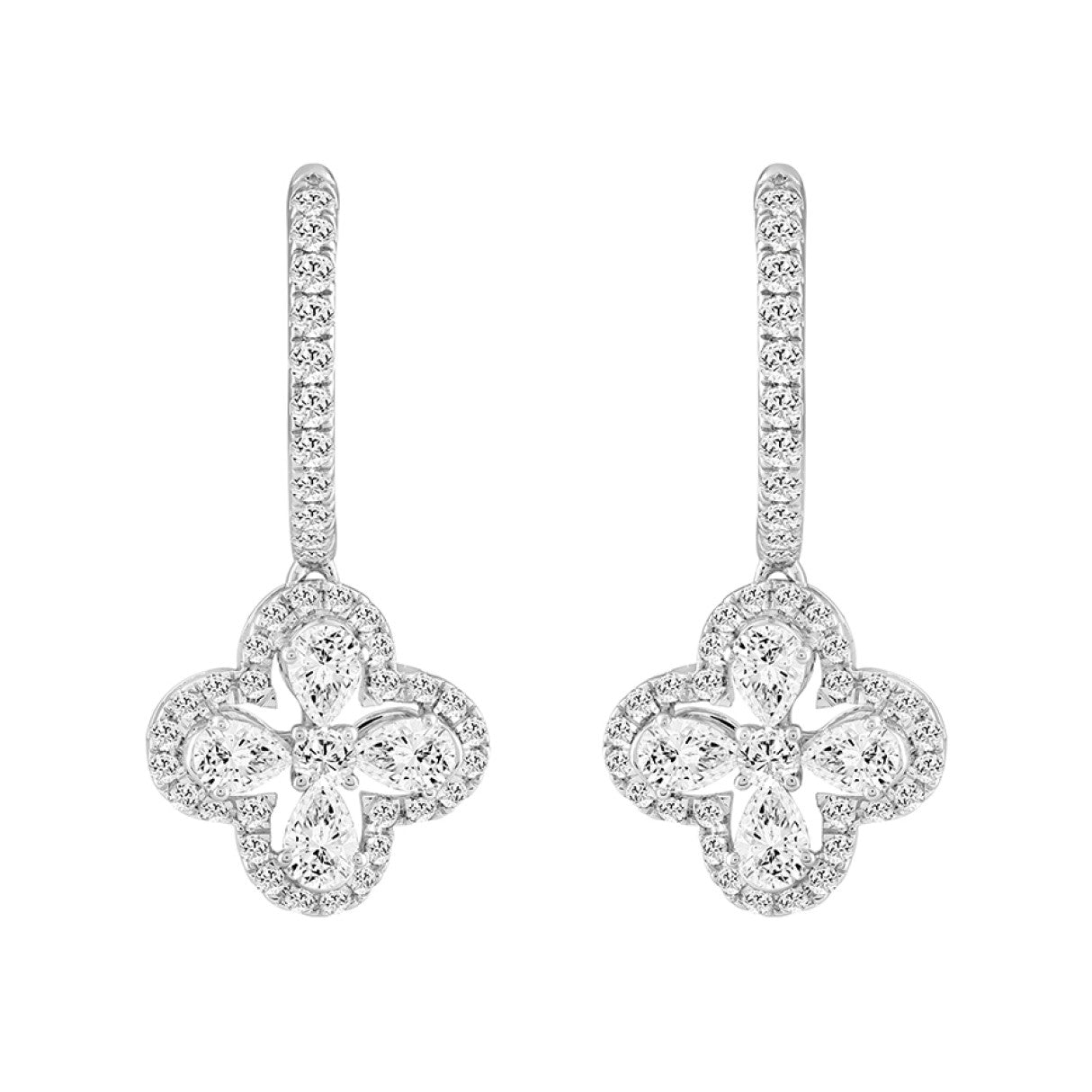 LADIES EARRINGS 1 1/2CT ROUND/PEAR DIAMOND 14K WHITE GOLD