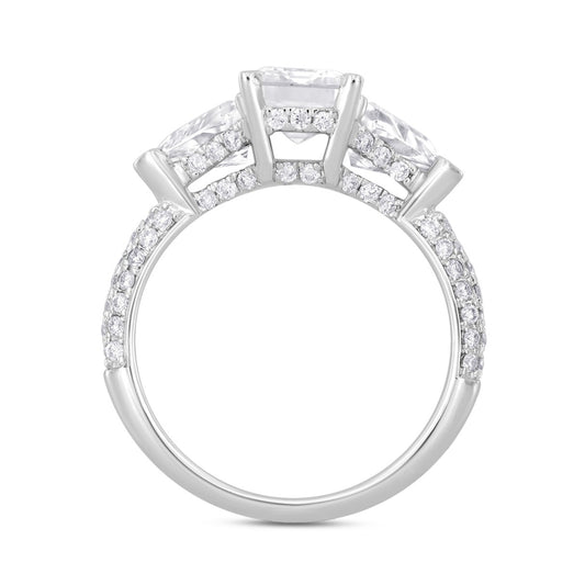 LADIES RING 3 1/2CT ROUND/EMERALD/TRILLION DIAMOND 14K WHITE GOLD (CENTER STONE EMERALD DIAMOND 2CT )