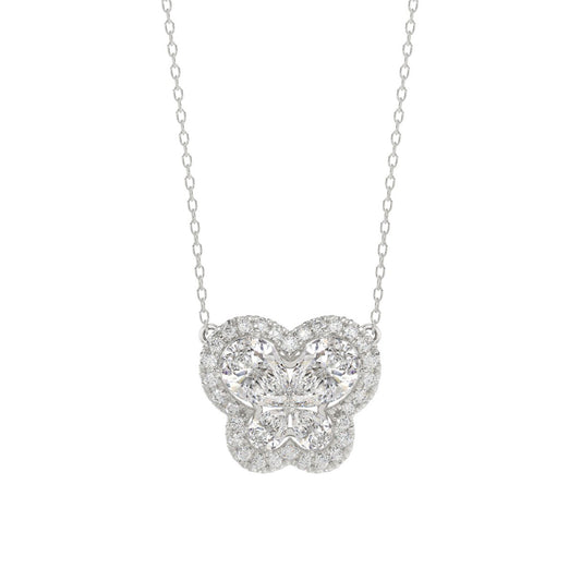 Elegant 14K White Gold Butterfly Necklace Featuring 1.00 Ct Lab Grown Round And Pear Diamonds. A Timeless Gift For Women And Everyday Luxury.