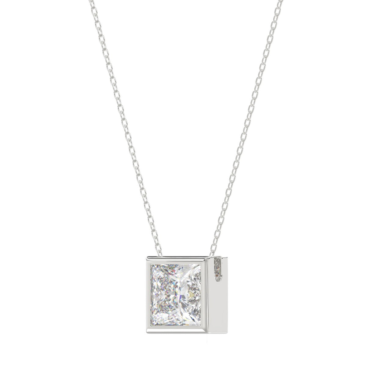 LADIES SOLITAIRE PENDANT 1CT PRINCESS DIAMOND 14K WHITE GOLD WITH CHAIN