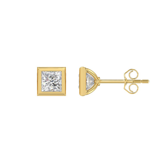 LADIES SOLITAIRE EARRINGS 1CT PRINCESS DIAMOND 14K YELLOW GOLD