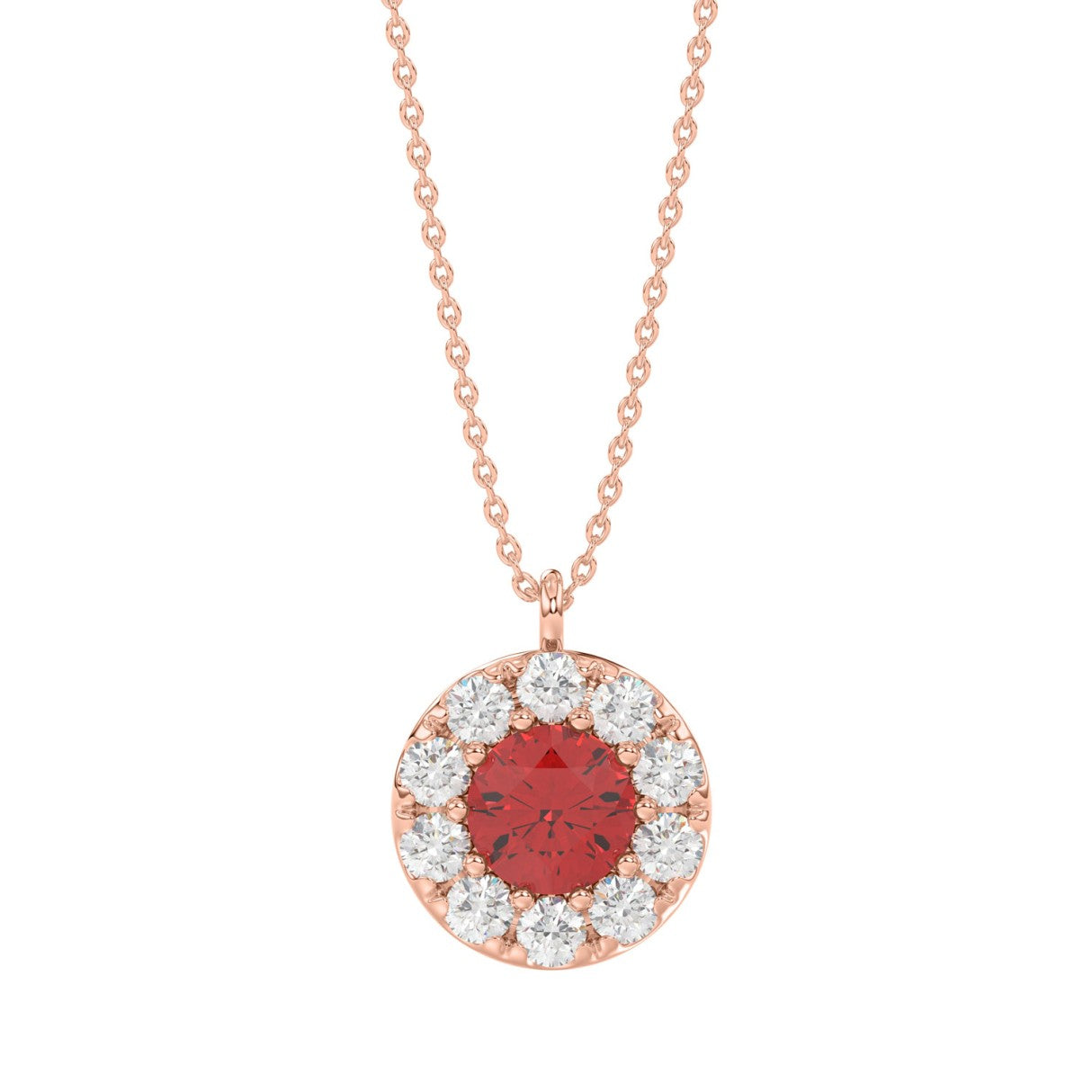 LADIES PENDANT 1/4CT ROUND/RUBY DIAMOND 14K ROSE GOLD (CENTER STONE ROUND DIAMOND 5/8CT )