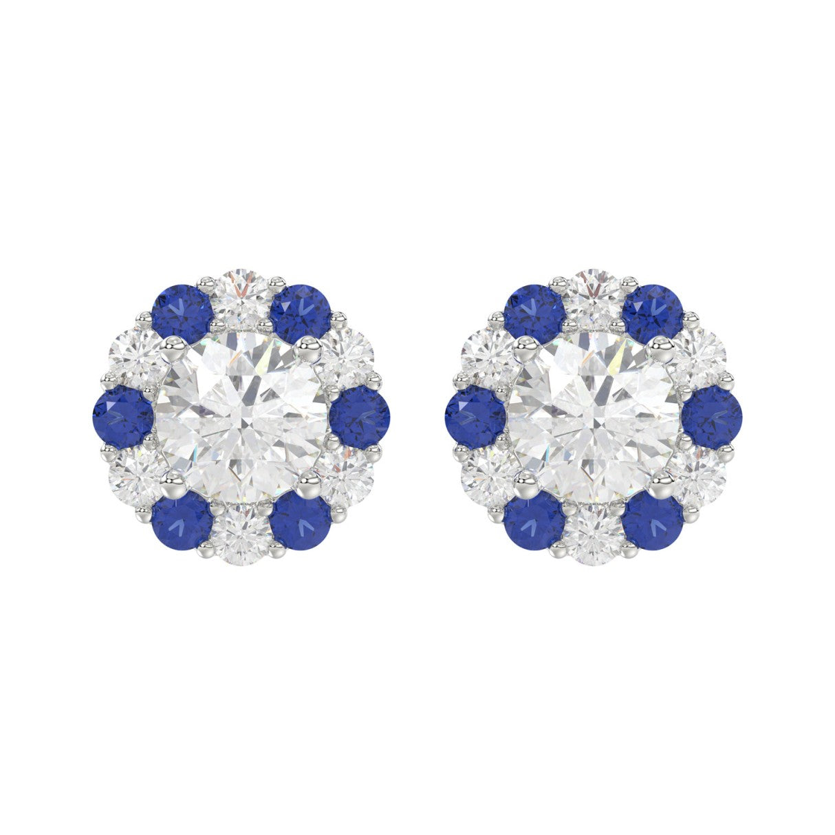 14K WHITE GOLD 2 5/8CT ROUND/ ROUND BLUE SAPPHIRE DIAMOND LADIES EARRING (CENTER STONE ROUND DIAMOND 2CT)