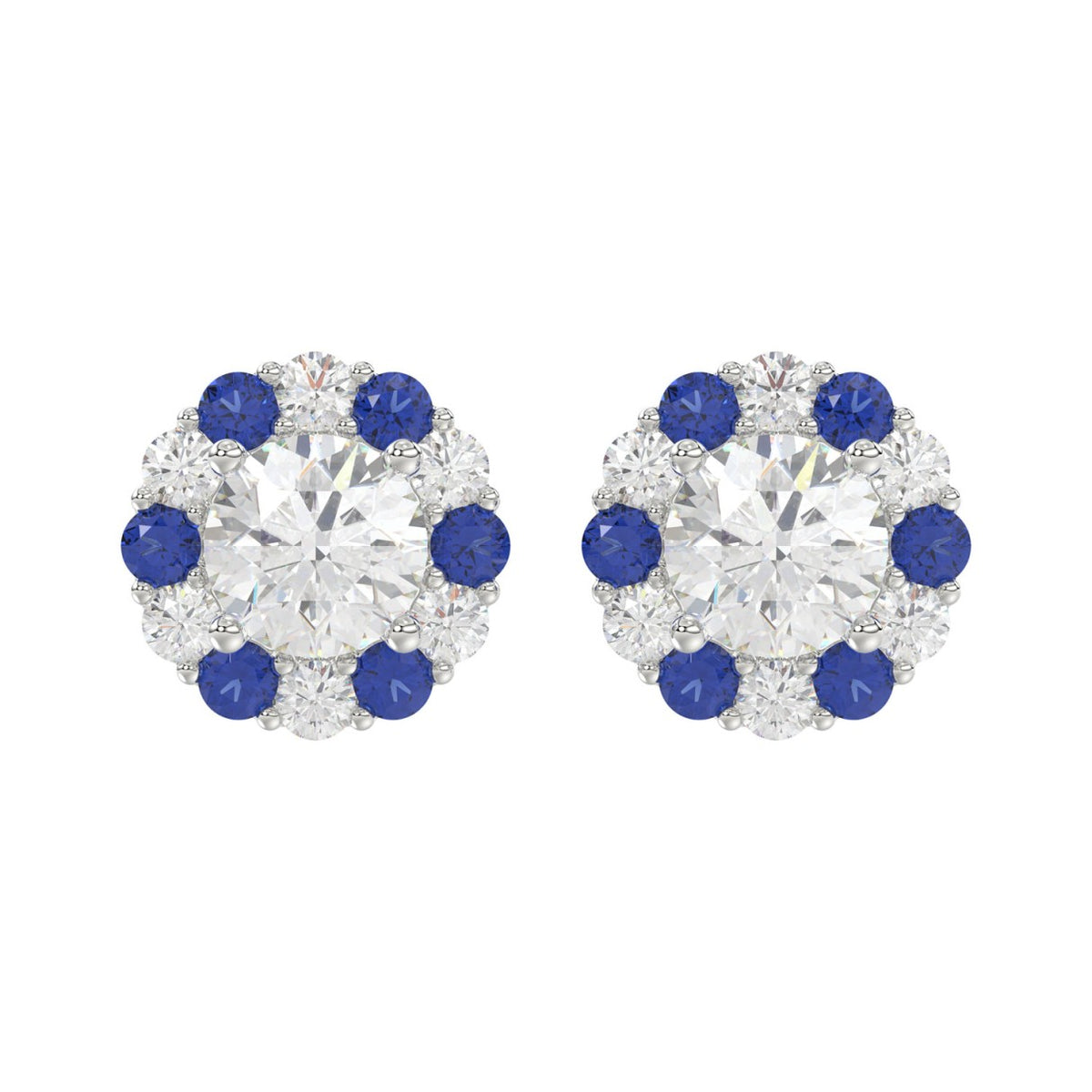 14K WHITE GOLD 2 5/8CT ROUND/ ROUND BLUE SAPPHIRE DIAMOND LADIES EARRING (CENTER STONE ROUND DIAMOND 2CT)
