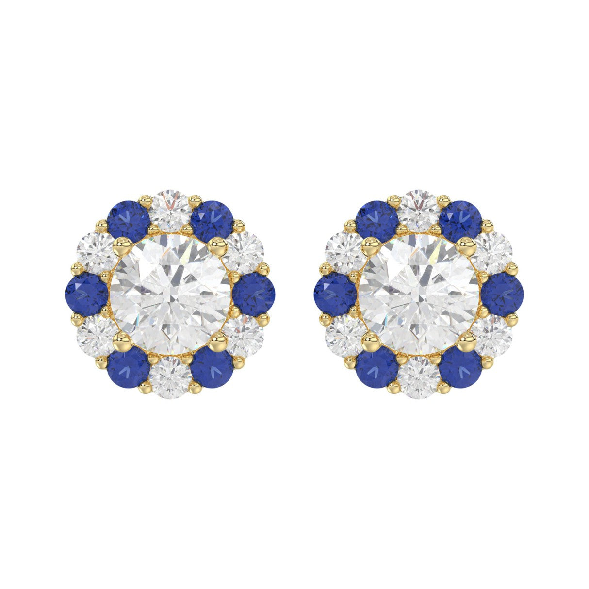 14K YELLOW GOLD 2 5/8CT ROUND/ ROUND BLUE SAPPHIRE DIAMOND LADIES EARRING (CENTER STONE ROUND DIAMOND 2CT)