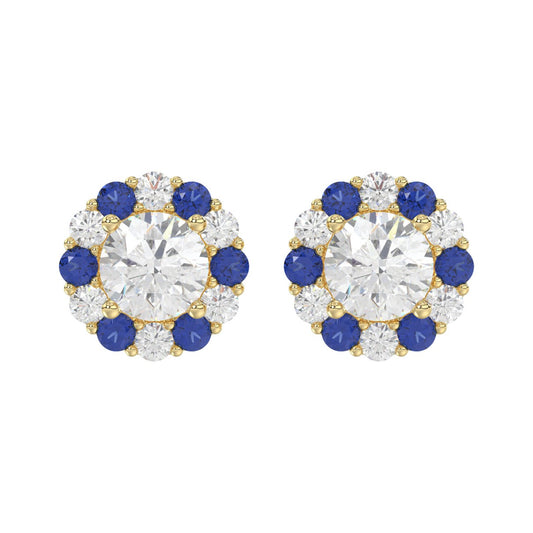 14K YELLOW GOLD 2 5/8CT ROUND/ ROUND BLUE SAPPHIRE DIAMOND LADIES EARRING (CENTER STONE ROUND DIAMOND 2CT)