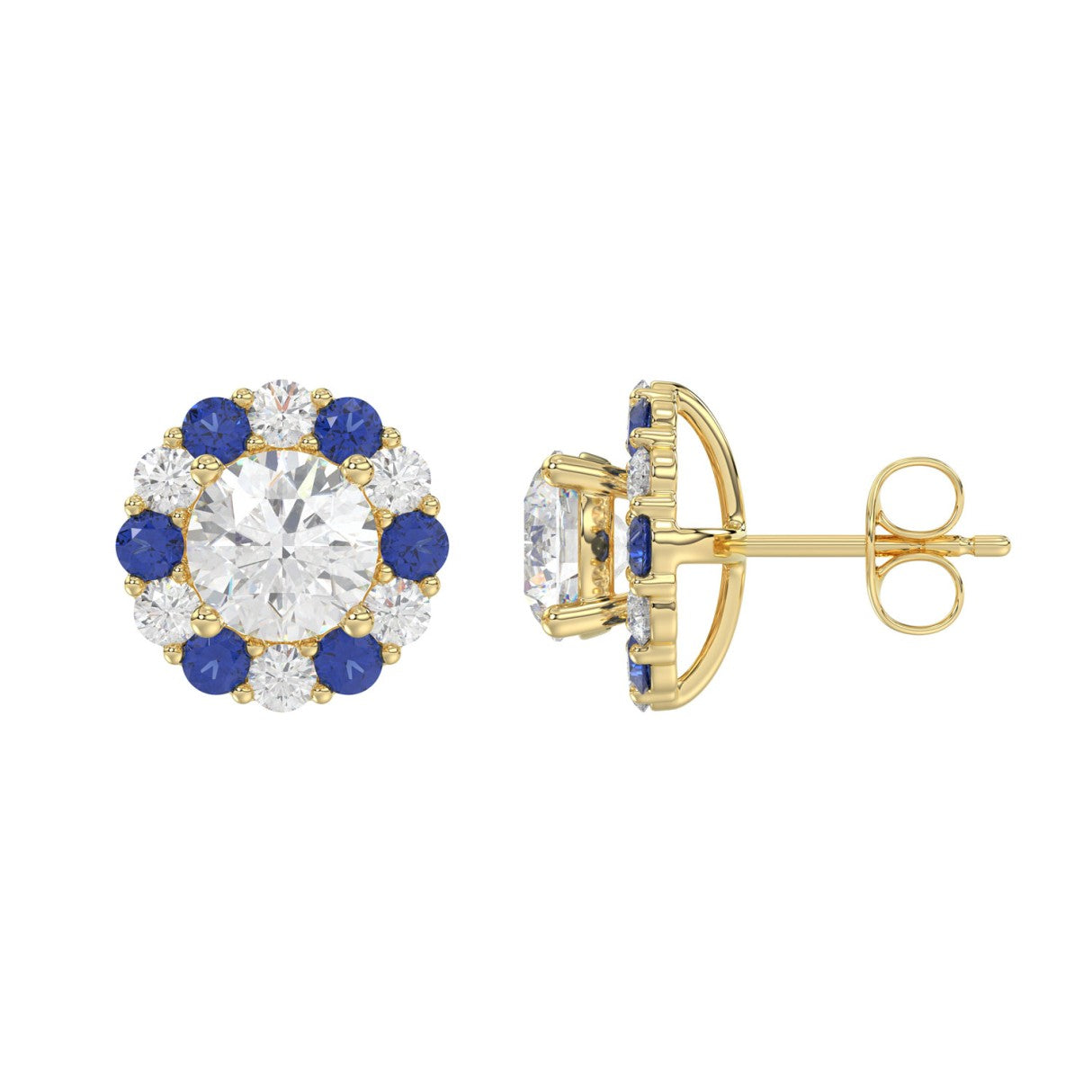 14K YELLOW GOLD 2 5/8CT ROUND/ ROUND BLUE SAPPHIRE DIAMOND LADIES EARRING (CENTER STONE ROUND DIAMOND 2CT)