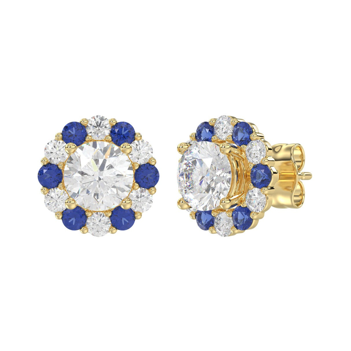 14K YELLOW GOLD 2 5/8CT ROUND/ ROUND BLUE SAPPHIRE DIAMOND LADIES EARRING (CENTER STONE ROUND DIAMOND 2CT)