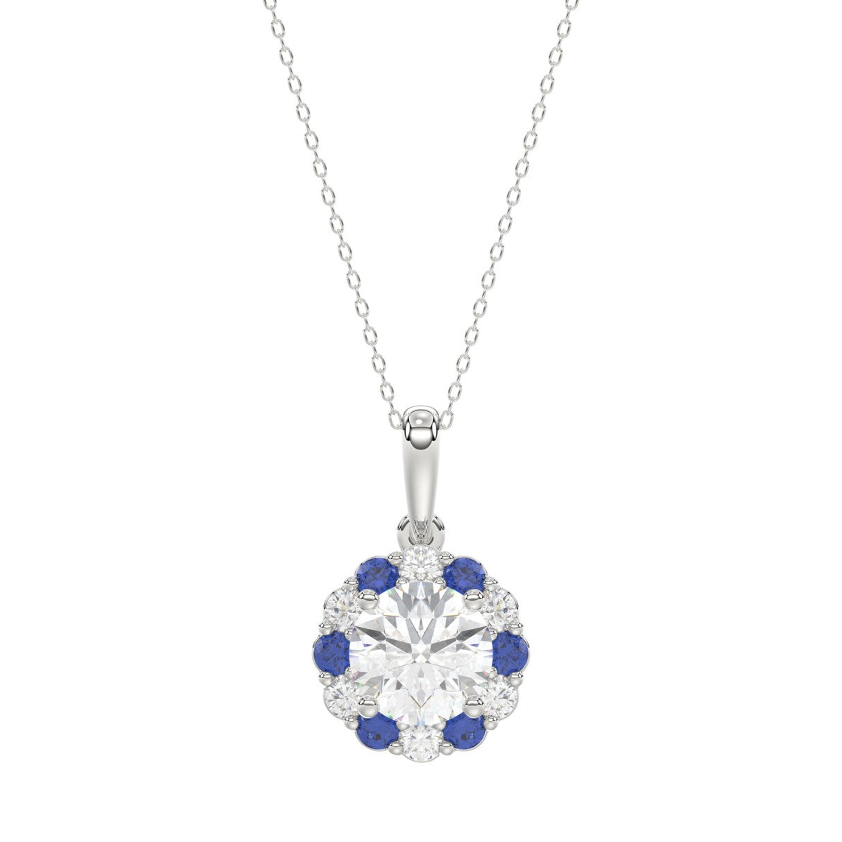 14K WHITE GOLD 1 1/4CT ROUND/ ROUND BLUE SAPPHIRE DIAMOND LADIES PENDANT (CENTER STONE ROUND DIAMOND 1CT)
