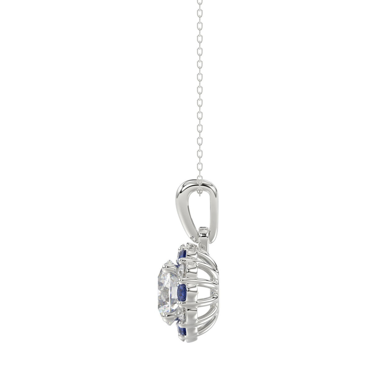 14K WHITE GOLD 1 1/4CT ROUND/ ROUND BLUE SAPPHIRE DIAMOND LADIES PENDANT (CENTER STONE ROUND DIAMOND 1CT)