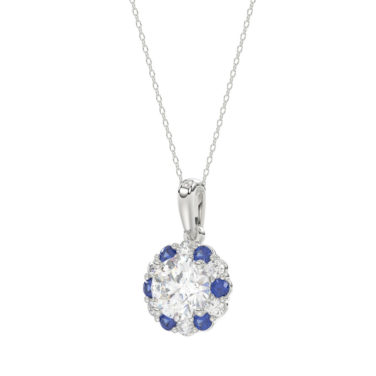14K WHITE GOLD 1 1/4CT ROUND/ ROUND BLUE SAPPHIRE DIAMOND LADIES PENDANT (CENTER STONE ROUND DIAMOND 1CT)