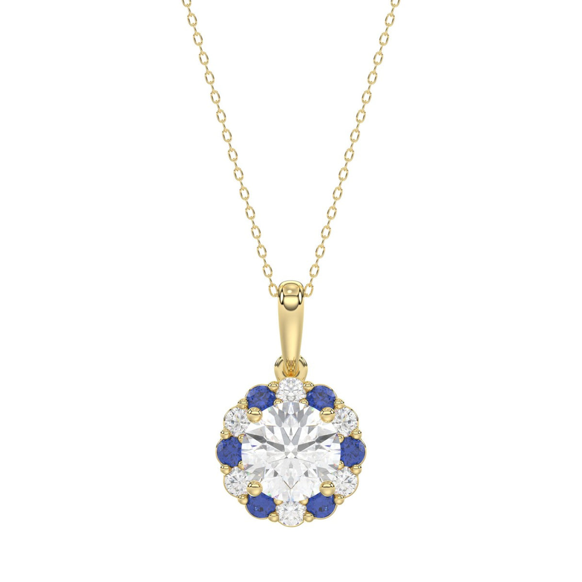 14K YELLOW GOLD 1 1/4CT ROUND/ ROUND BLUE SAPPHIRE DIAMOND LADIES PENDANT (CENTER STONE ROUND DIAMOND 1CT)