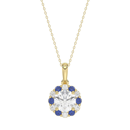14K YELLOW GOLD 1 1/4CT ROUND/ ROUND BLUE SAPPHIRE DIAMOND LADIES PENDANT (CENTER STONE ROUND DIAMOND 1CT)